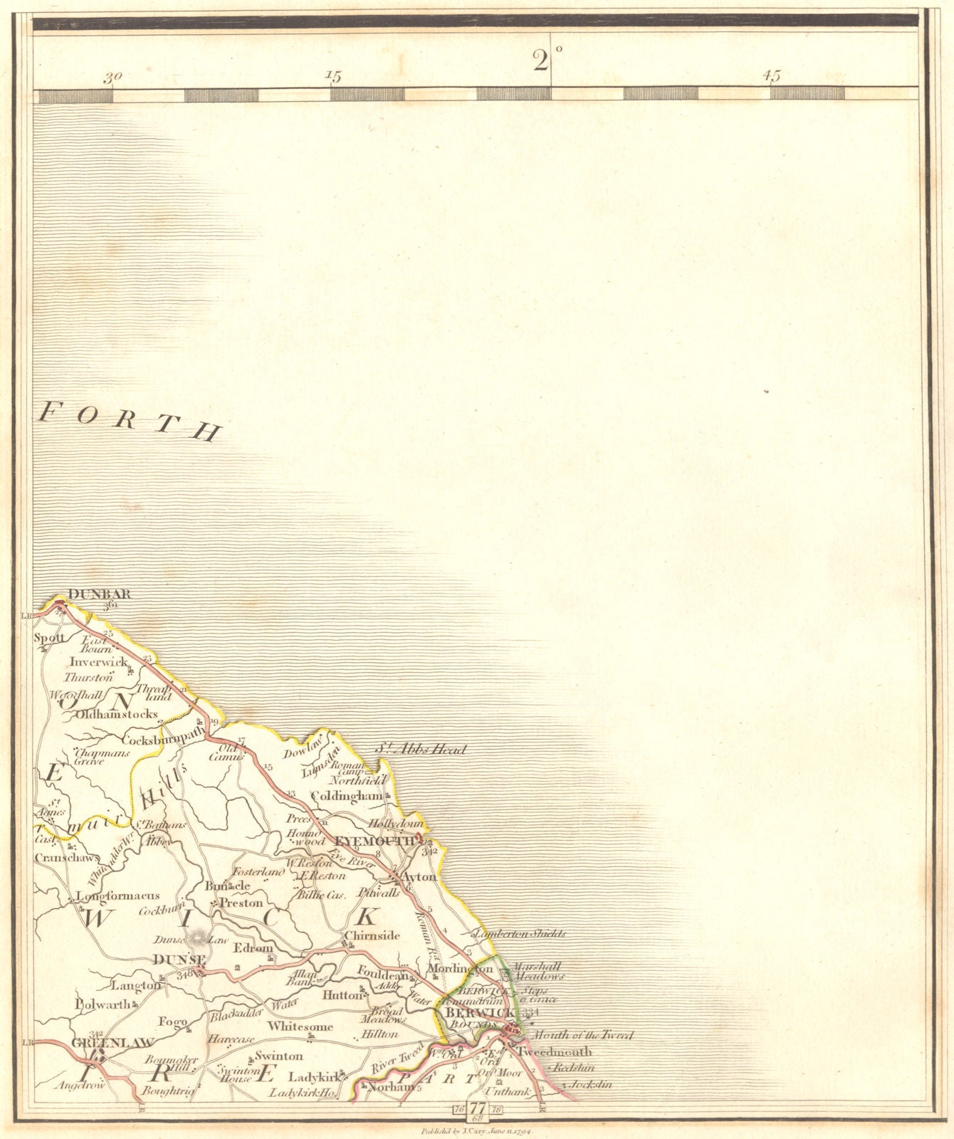 BERWICKSHIRE COAST. Dunbar Duns Eyemouth Berwick-upon-Tweed. CARY 1794 old map